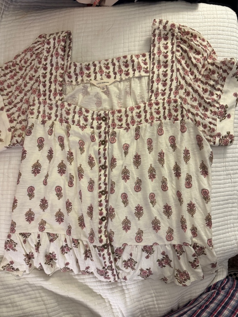 Lucky Brand Cream Blouse with Pink Floral Motif